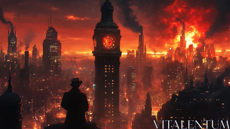 Silhouetted detective surveys a burning dystopian skyline.