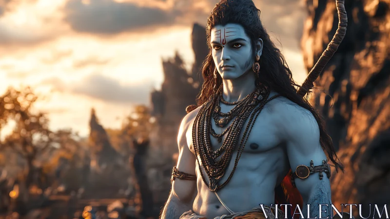 Blue-skinned warrior deity in detailed mountain landscape.