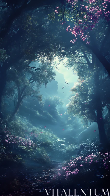 Mystical Forest Grove with Floating Petals and Sky