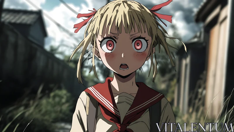 Anime schoolgirl stares forward with shocked wide eyes