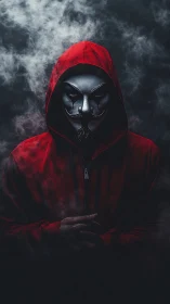 Masked figure in red hoodie surrounded by dark smoke.