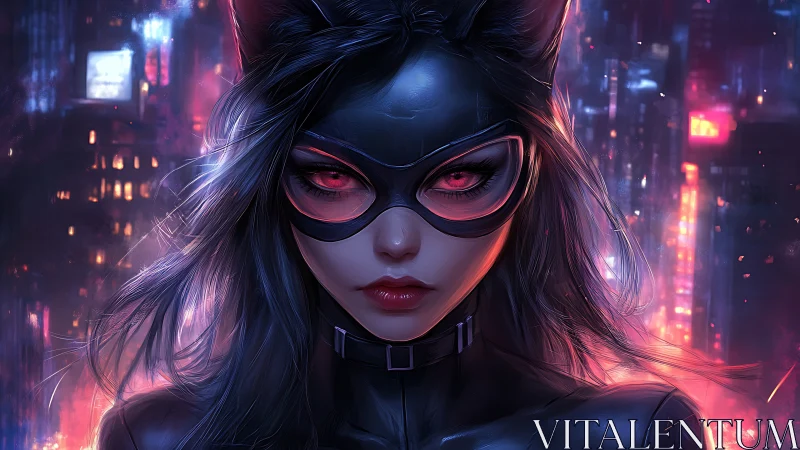 Neon night purrs through the gaze of a cyber city huntress