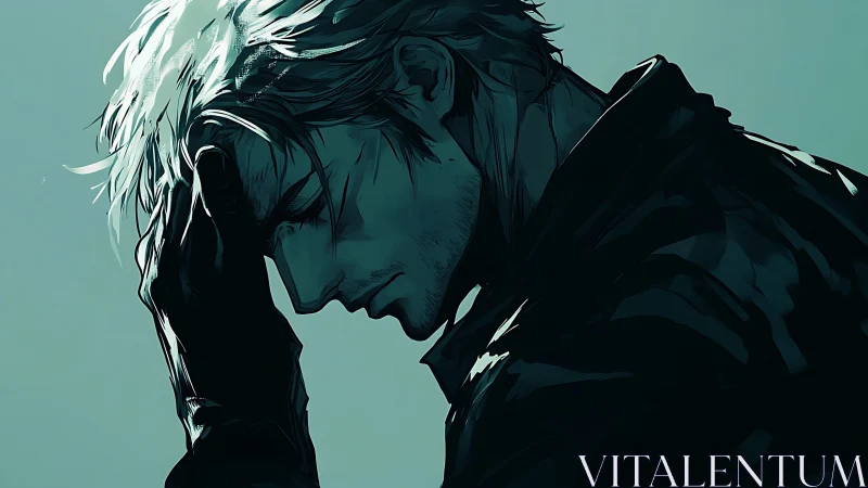 Brooding silver‑haired man bows his head in shadow.