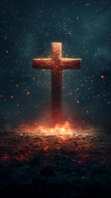 Glowing cross rises from embers in a moody night sky