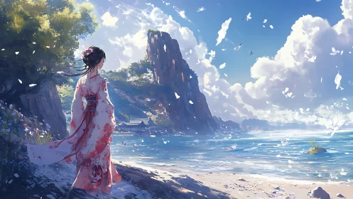 Woman in kimono stands on bright coastal cliff shore.