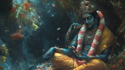 Blue lotus dreamer crowned in garlands and golden quiet.