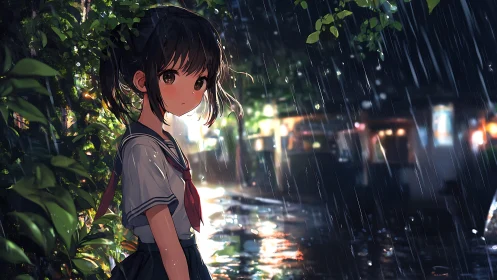 Schoolgirl standing by foliage in rainy night street scene.