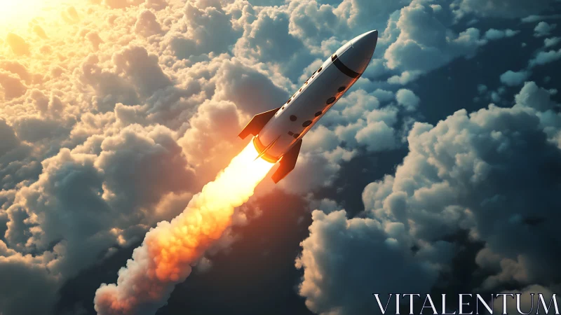 Rocket ascends through dense cloud layer under low sunlight