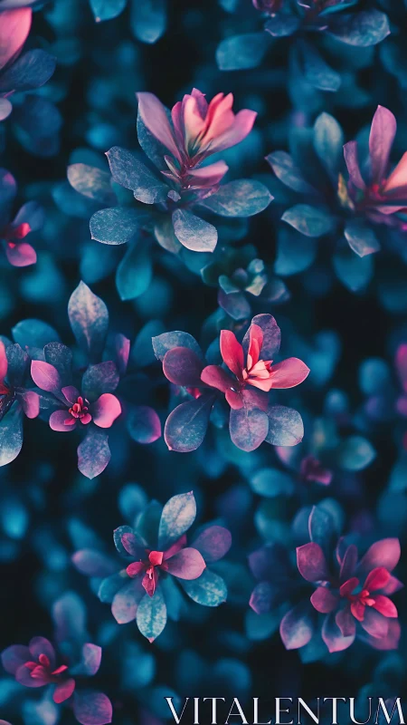 Neon Pink Flowers with Blue Foliage in Dark Setting