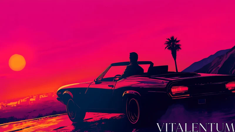 Neon sunset muscle car silhouette on coastal highway.