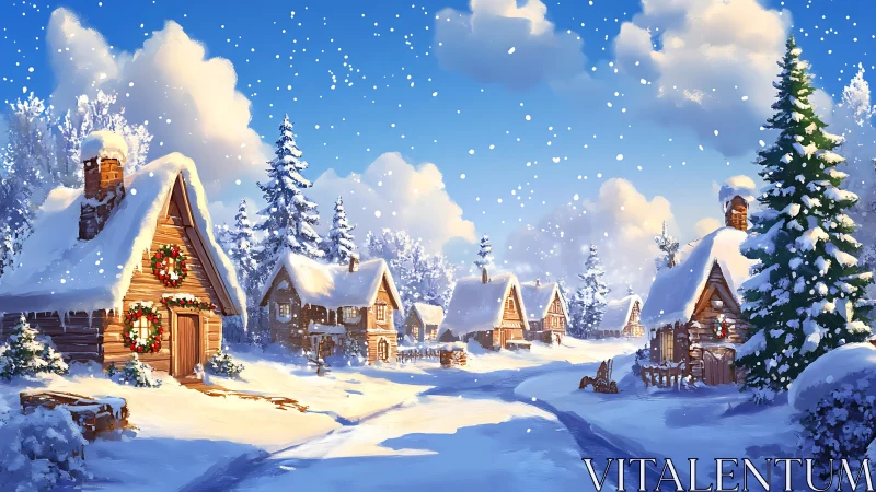 Snow-kissed Christmas cabins dream under sugar-blue skies.