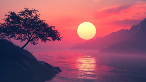 Radiant sun sets over tranquil pink sea and distant cliffs