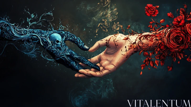 Symbolic entwined hands contrast life, death, roses, skulls.