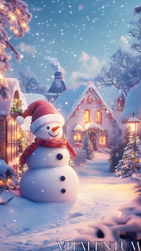 Snowman stands in glowing Christmas village under snowfall
