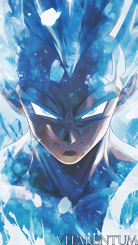 Intense blue energy warrior portrait with stylized aura burst