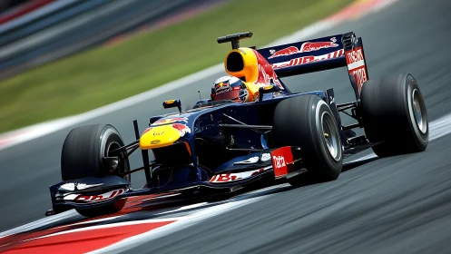 Formula race car cornering hard on smooth grand prix circuit.