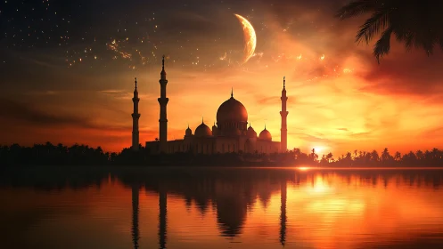 Mosque silhouette under crescent moon at vivid sunset.