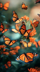 Monarch butterflies swirl through blurred teal garden glow.
