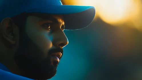 Sunlit sideline gaze of focused athlete in teal cap.