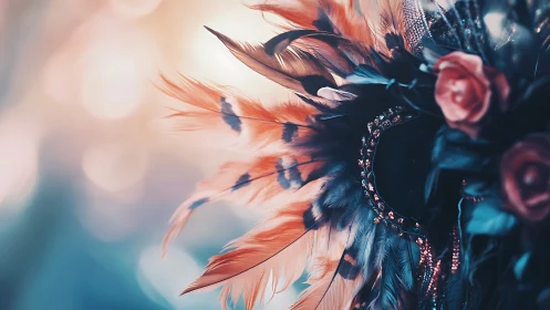 Feathered masquerade mask with rose accents in bokeh light.