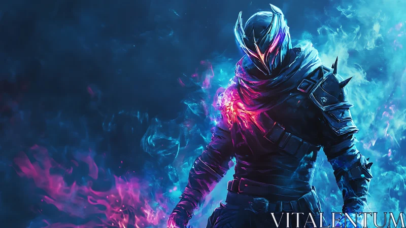 Mystical neon warrior walking through swirling blue flames.