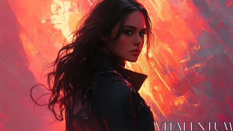 Fierce young heroine framed by glowing fiery light.