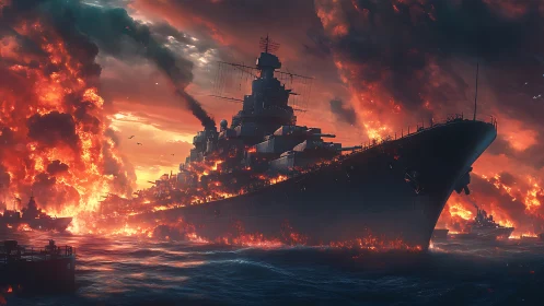 Naval Destruction in Inferno: Warship Engulfed by Catastrophic Fire.
