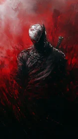 Armored humanoid figure stands in abstract red-black field