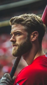 Baseball player in red jersey holding bat, side profile.