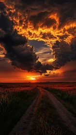 Rural dirt road under dense clouds and intense sunset sky.