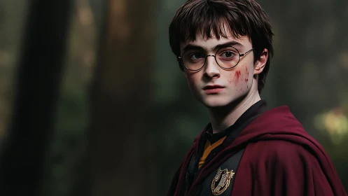 Young robed boy with glasses stands in dim forest setting