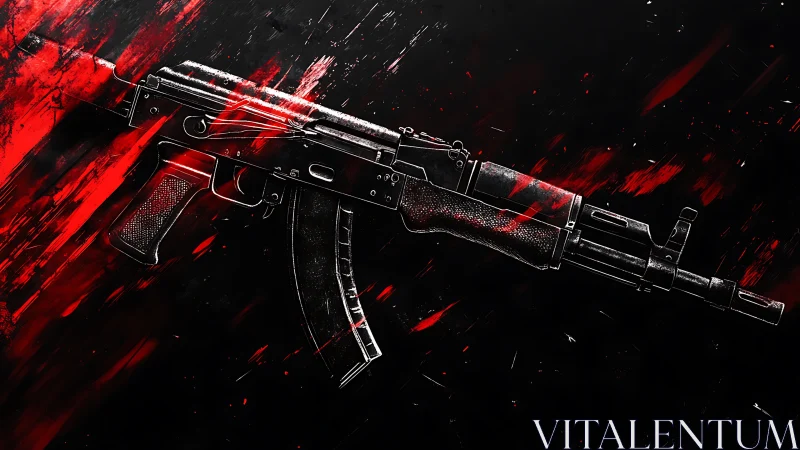 Stylized assault rifle outlined against violent red streaks.