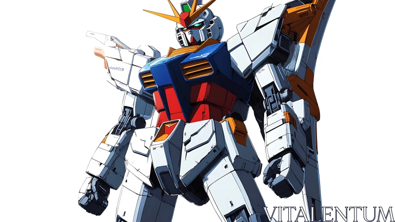 Humanoid combat mecha stands upright in dynamic anime pose