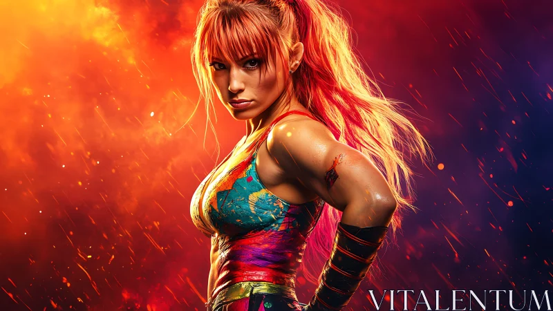 Fiery female fighter portrait in dynamic molten bokeh field