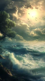 Digital seascape renders turbulent waves under dense clouded sun