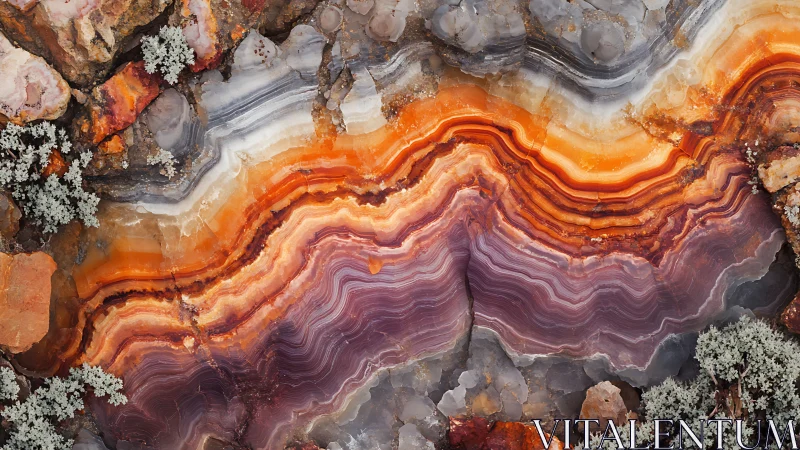 Layered agate mineral cross-section in orange and violet tones.