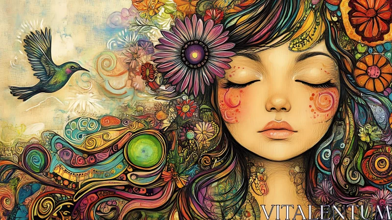 Dreamlike floral portrait with hummingbird and swirling motifs