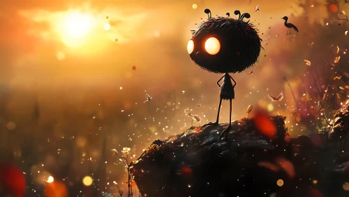 Backlit glowing-eyed creature surveys ember-filled dusk valley