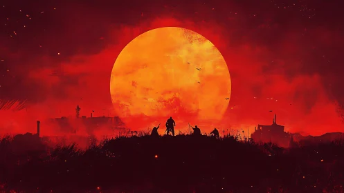 Silhouetted figures before large red sun over distant ruins.