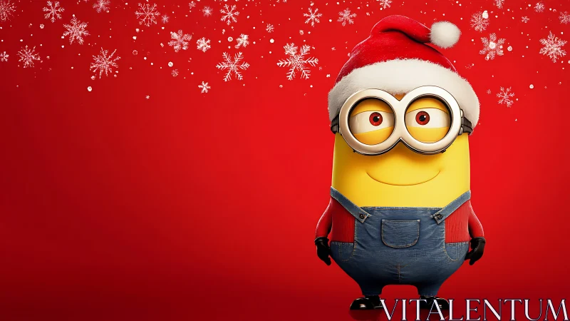 Yellow cartoon helper in Santa hat on red snowflake field