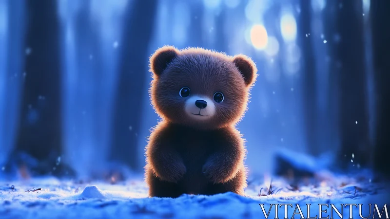 Digital bear cub model in a snowy blue forest setting.