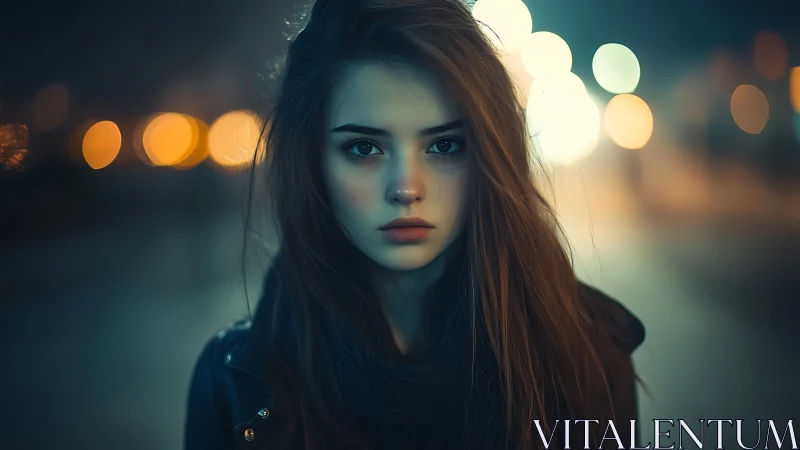 Young woman stands in neon haze of moody city night