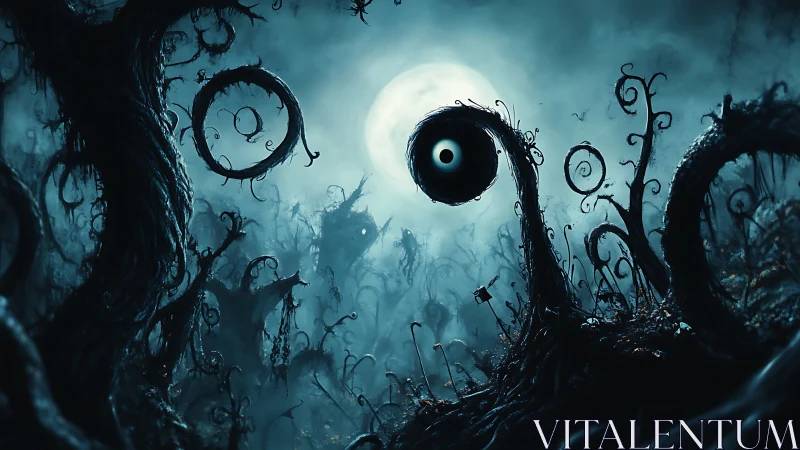 Surreal moonlit forest coils around a single staring void eye