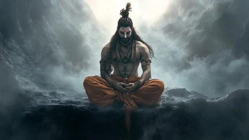Ascetic warrior in meditative pose amid ethereal mountain mist