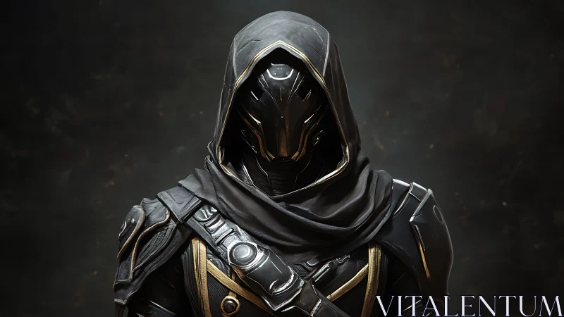 Hooded armored figure in black and gold sci fi combat gear
