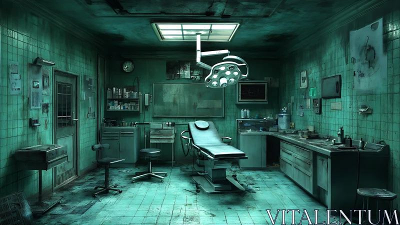 Degraded surgical theatre with corroded tiles and failing overhead lamp