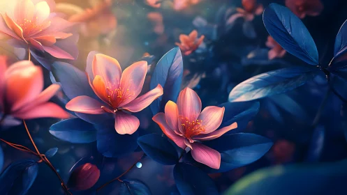 Luminous Coral Flowers Bloom in Ethereal Blue Garden