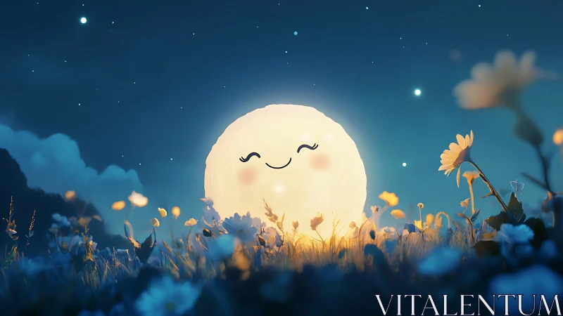 Softly glowing cartoon moon illuminates stylized wildflower meadow