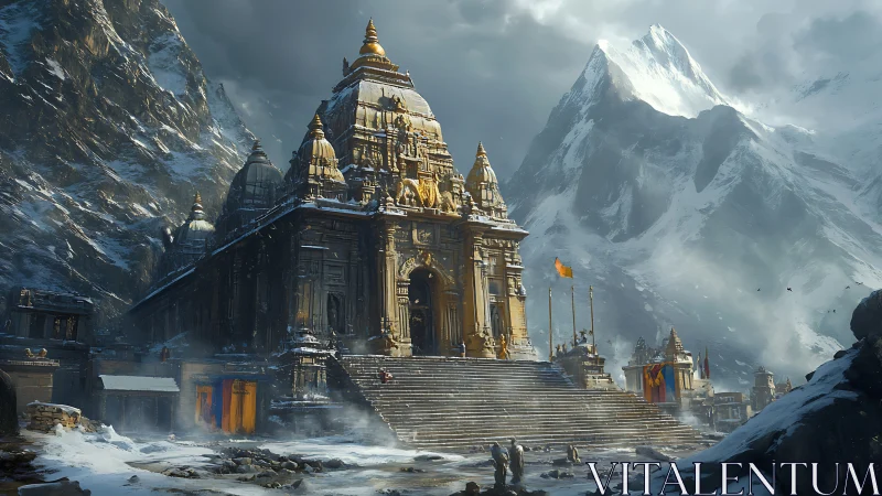 Snow crowned mountain temple welcomes visitors in golden light