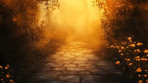 Sunlit forest path shows warm golden haze and stone paving